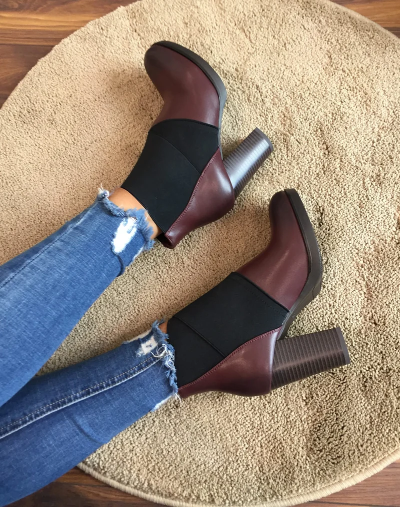 Bottines bordeaux à talons bi matières