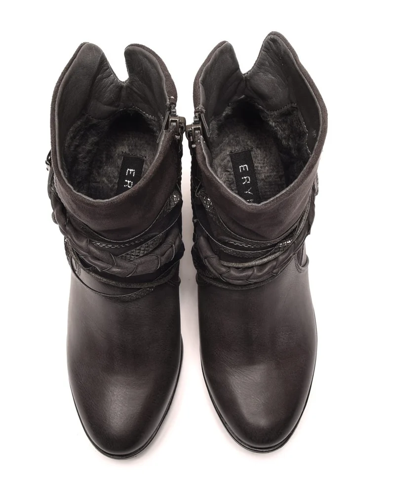 Bottines grises bi matières à talons et lanières multiples