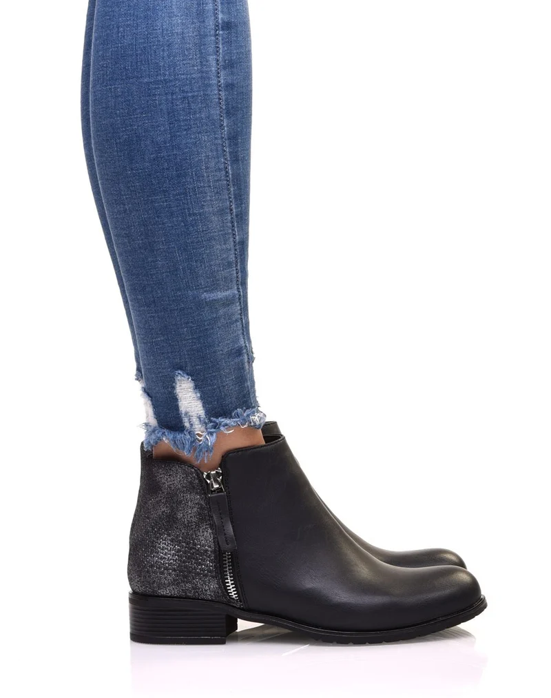Bottines plates bi matières noires