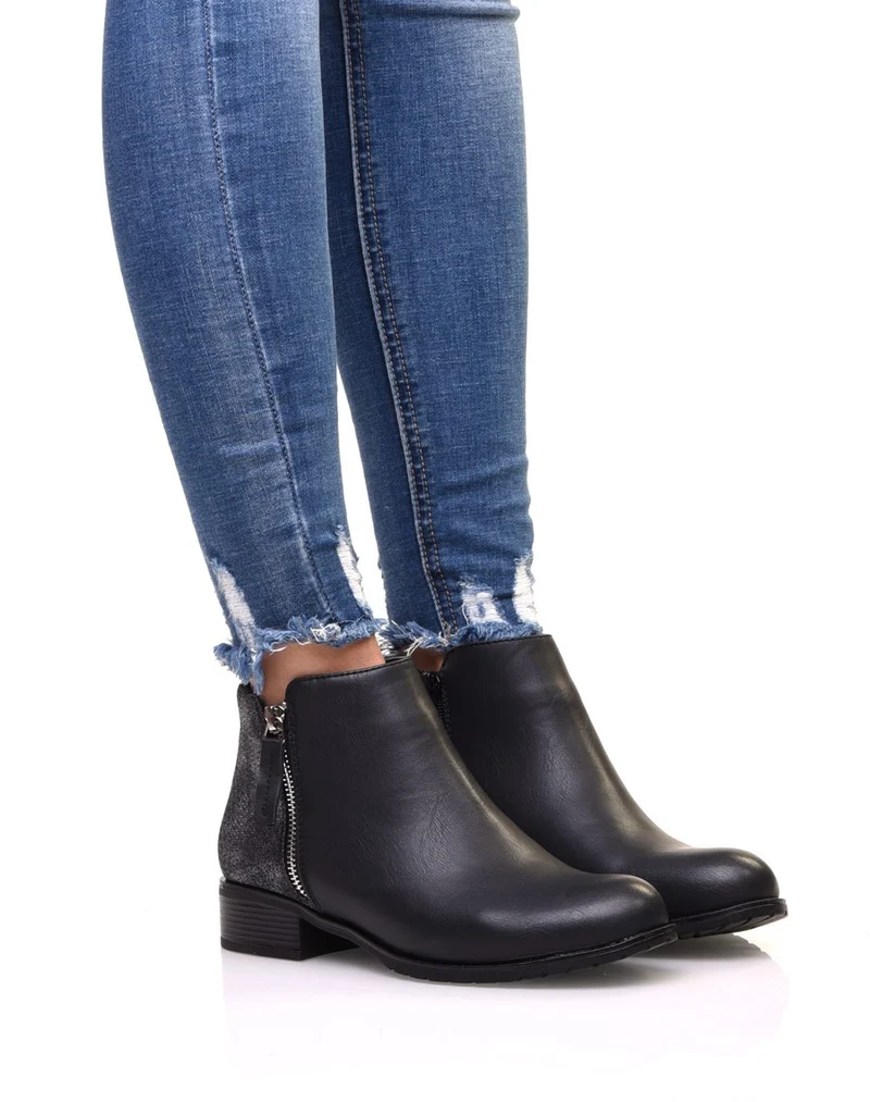 Bottines plates bi matières noires