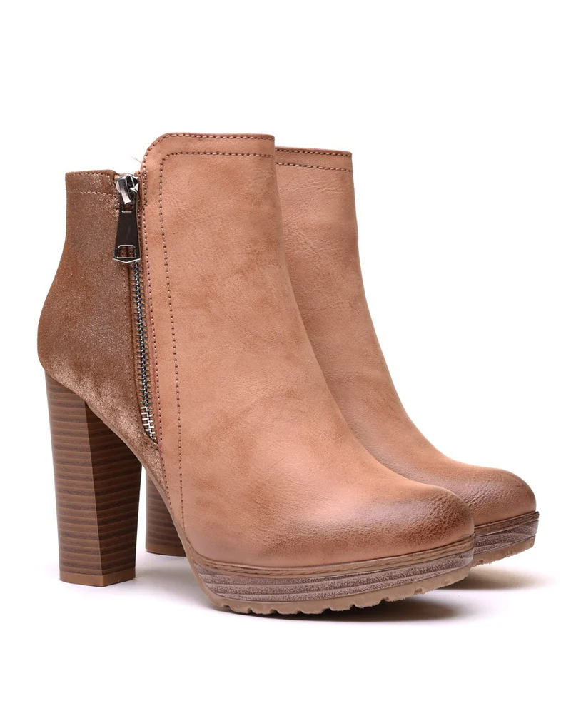 Bottines à talons bi matières camel
