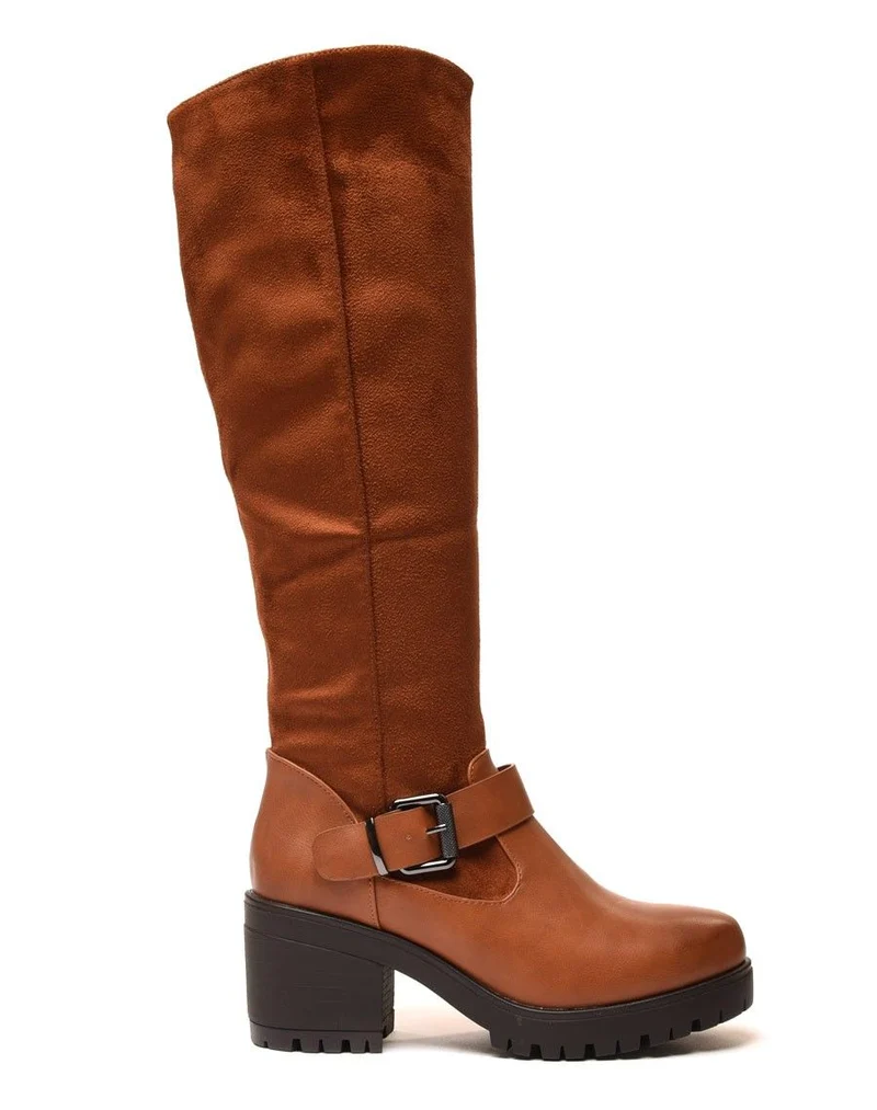 Bottes bi matières camel à talon mi haut