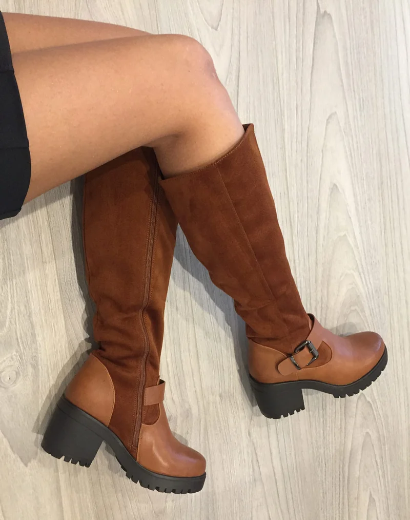 Bottes bi matières camel à talon mi haut