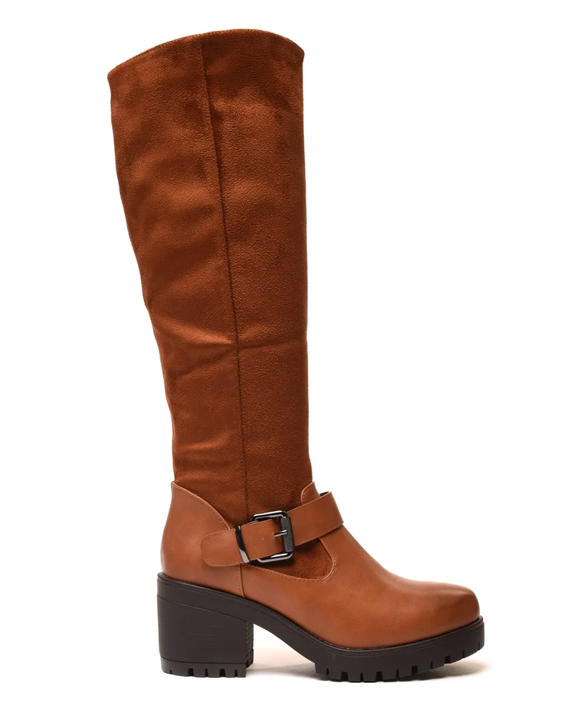 Bottes bi matières camel à talon mi haut