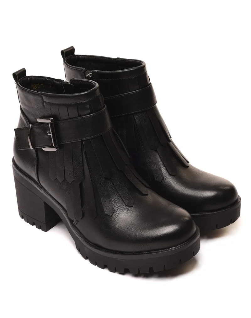 Bottines noires à franges à talons mi hauts