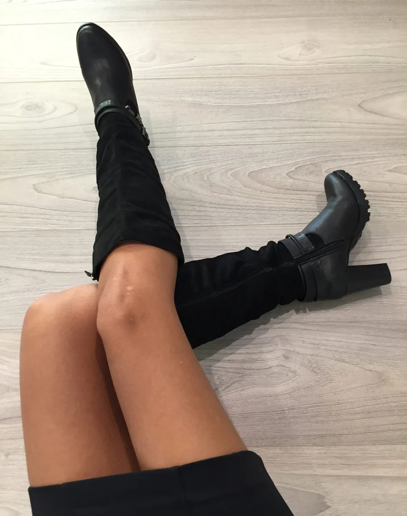 Bottes à talons bi matières noires