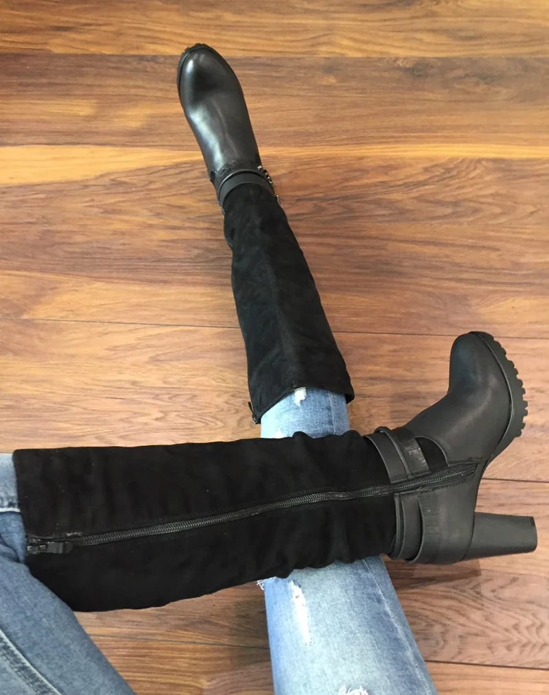 Bottes à talons bi matières noires