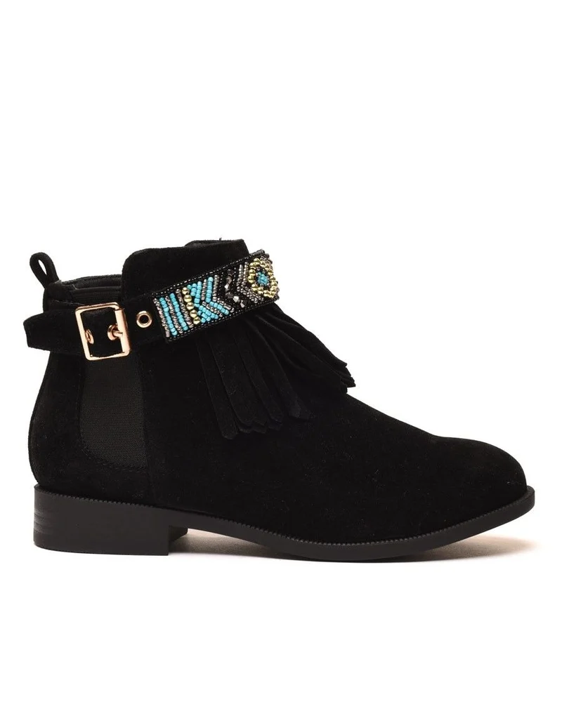 Bottines noires à franges et lanière perlée