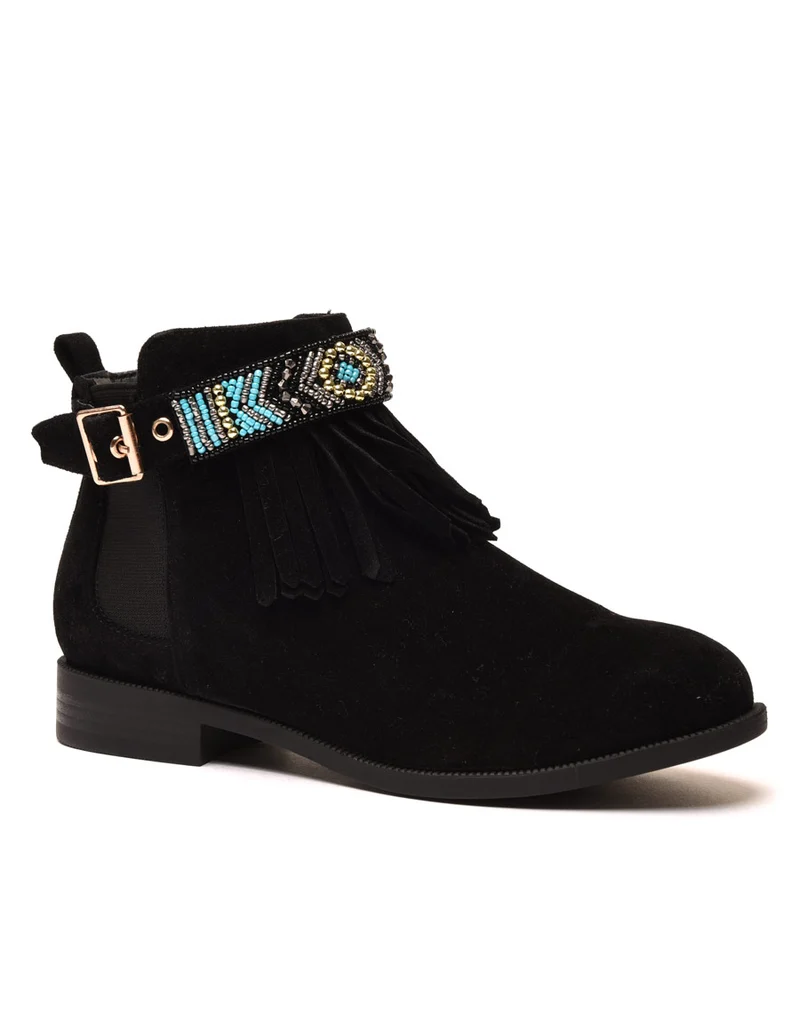 Bottines noires à franges et lanière perlée