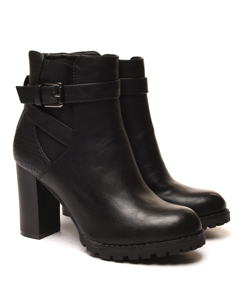 Bottines noires à talons bi matières à sangle décorative