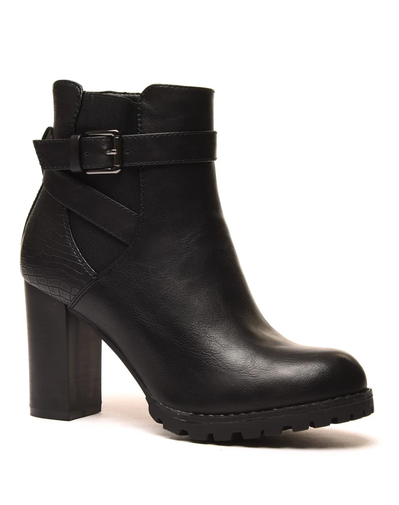 Bottines noires à talons bi matières à sangle décorative