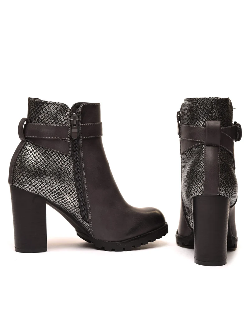 Bottines grises à talons bi matières à sangle décorative