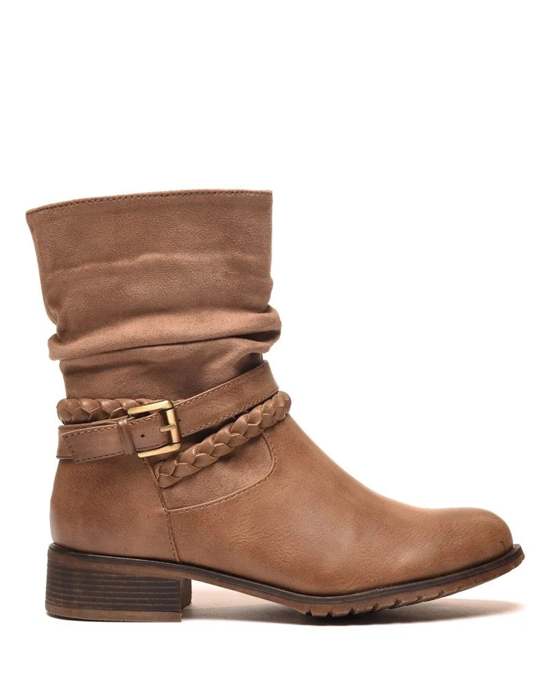 Bottines plates taupes avec lanières multiples et bi matières