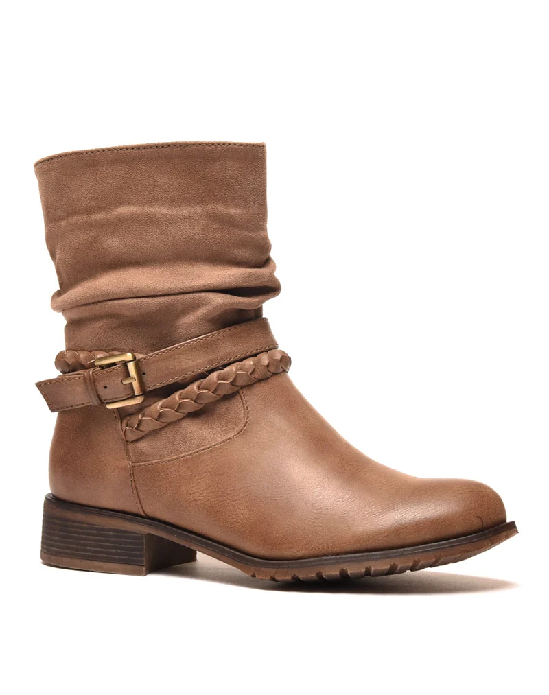 Bottines plates taupes avec lanières multiples et bi matières