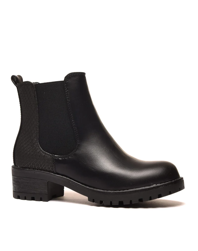 Bottines plates noires avec élastiques et motifs python
