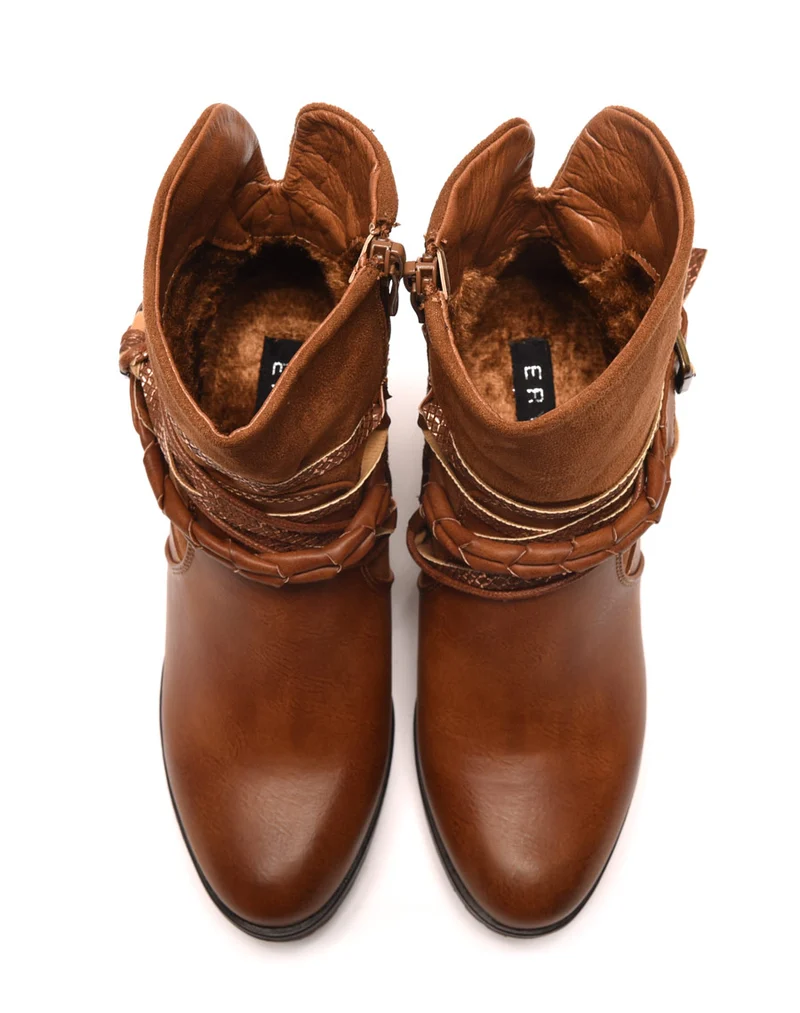 Bottines camel bi matières à talons et lanières multiples