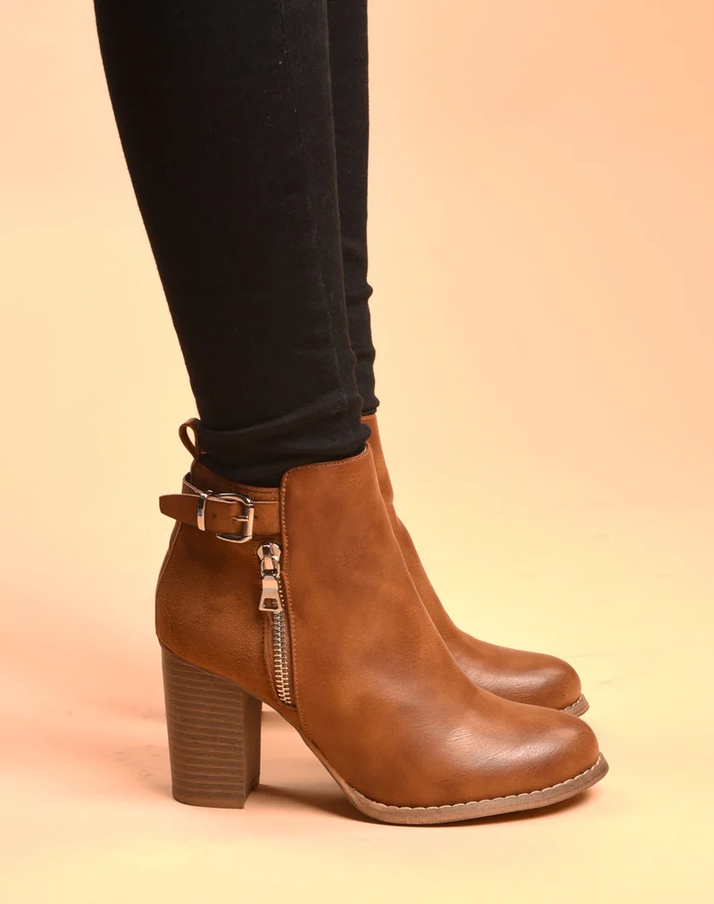 Bottines à talons camel bi matières avec sangle