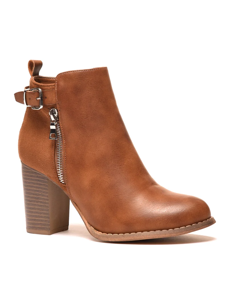 Bottines à talons camel bi matières avec sangle