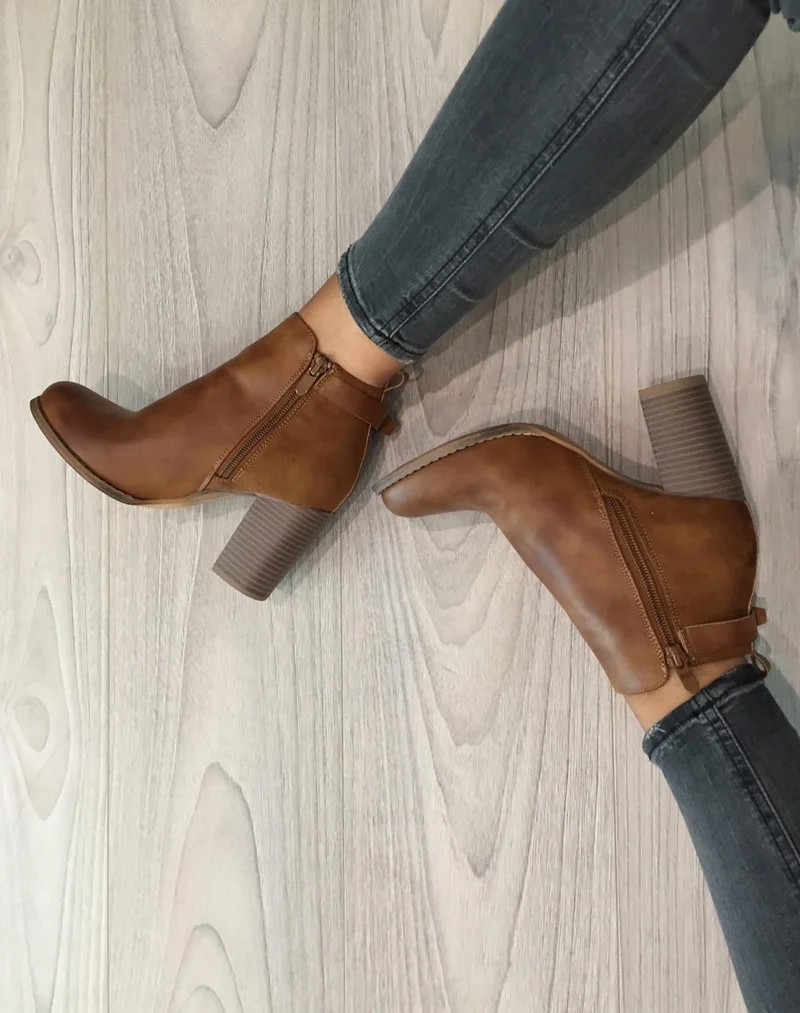 Bottines à talons camel bi matières avec sangle