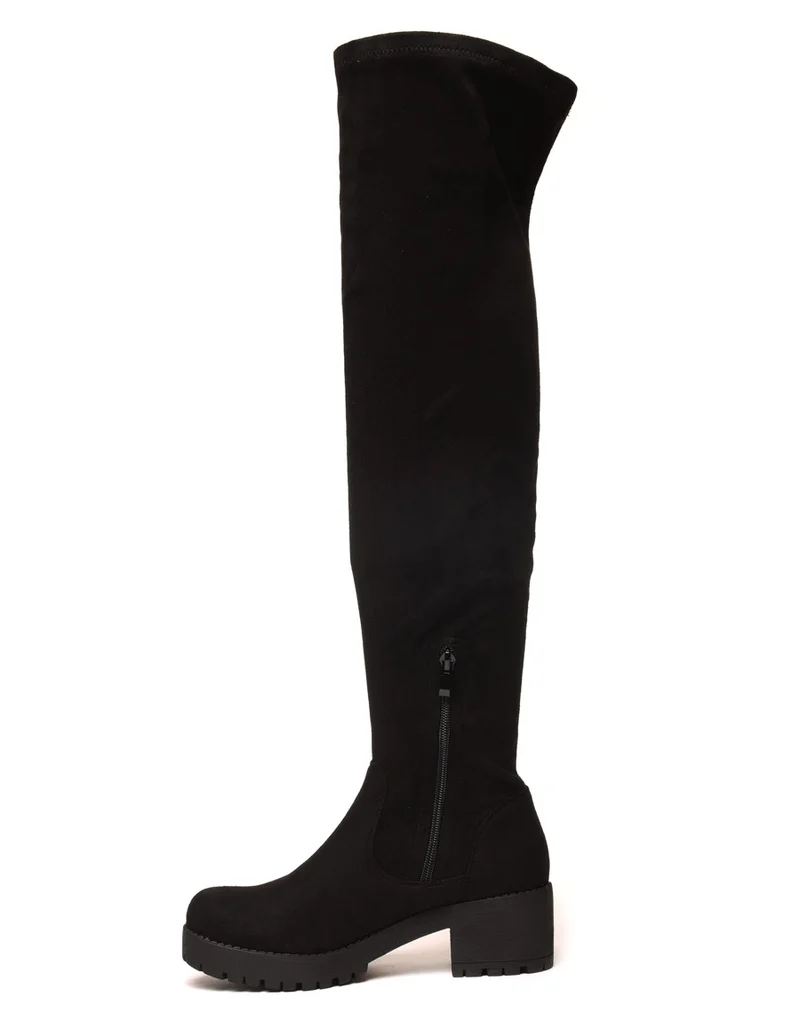 Cuissardes noires effet suédine à petit talon