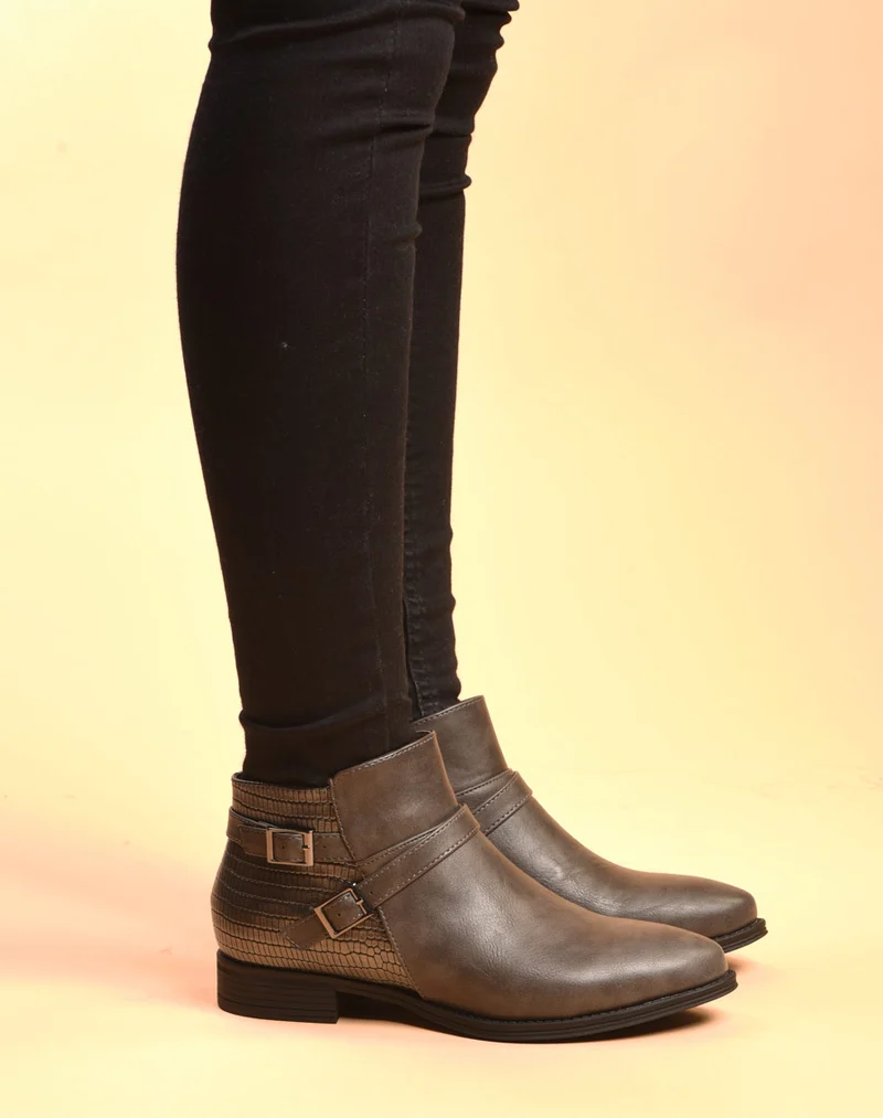 Bottines plates grises bi matières avec fines lanières