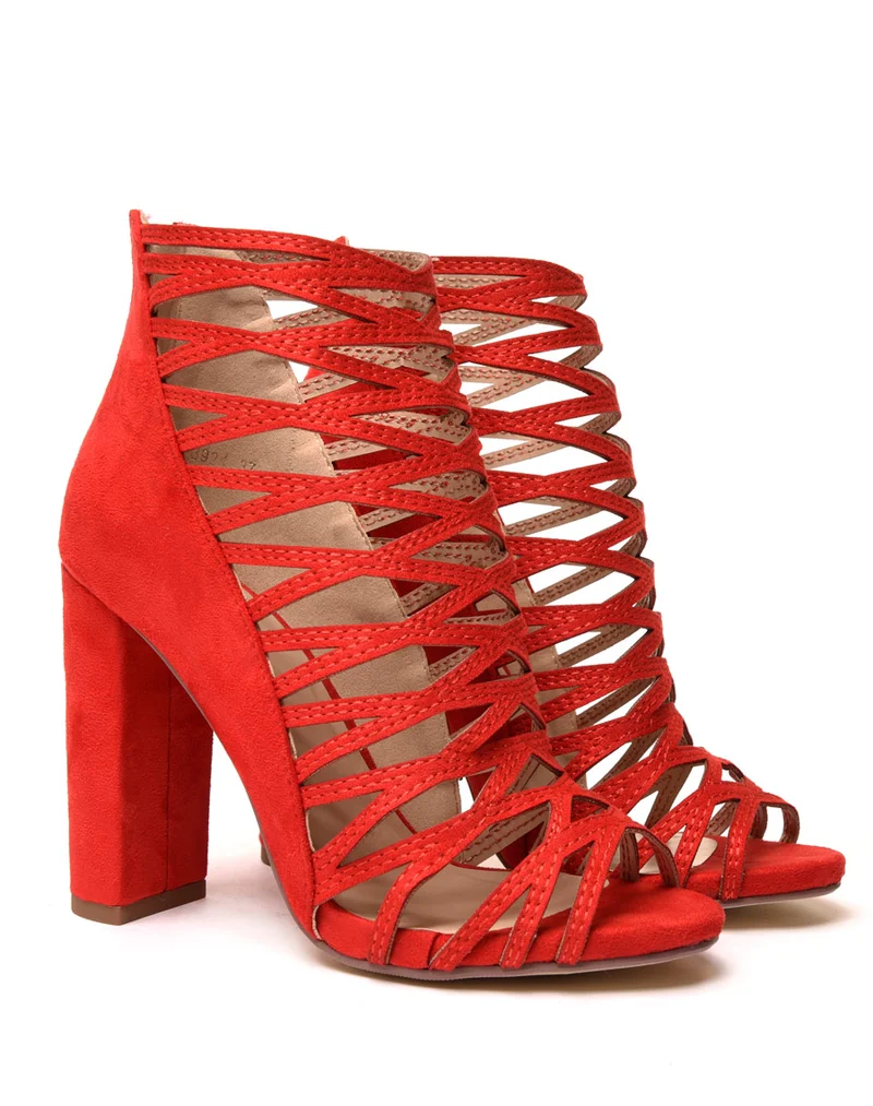 Sandales rouges à talons & multiples lanières croisées