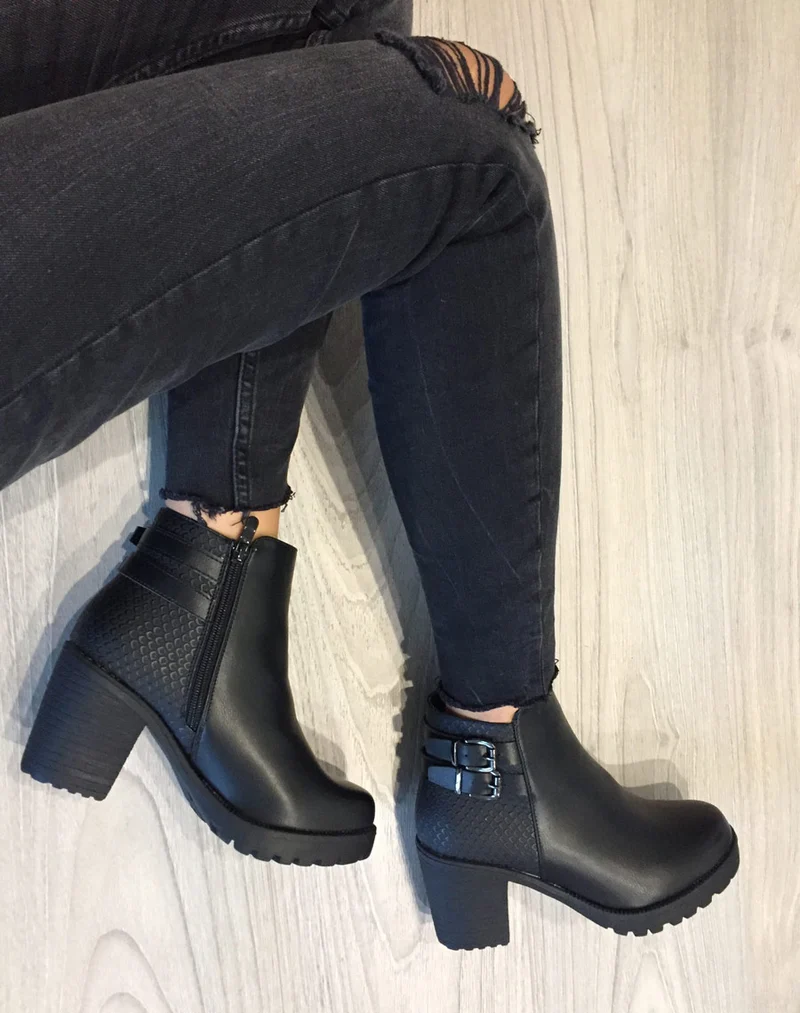 Bottines bi matières noires à talon mi haut