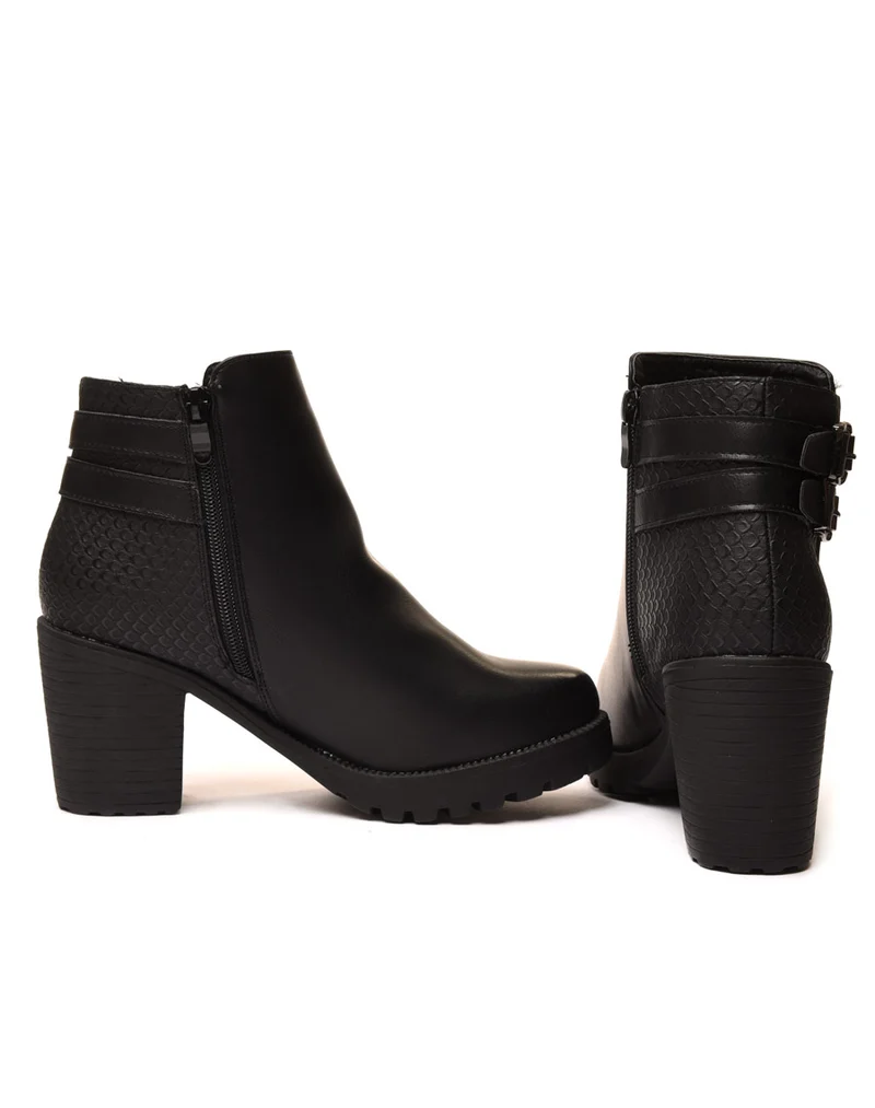 Bottines bi matières noires à talon mi haut