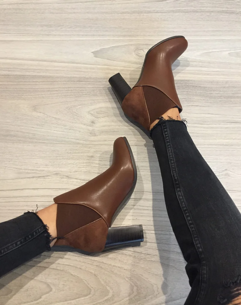 Bottines bi matières marron clair à talons
