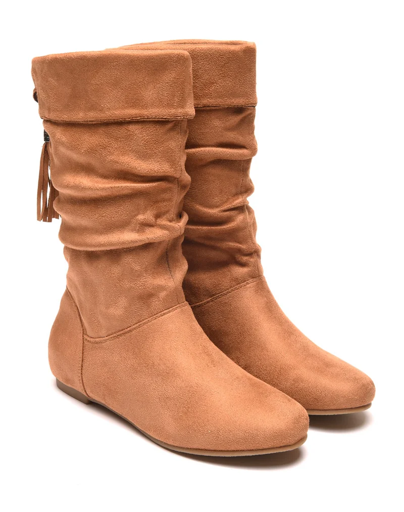 Bottes mi hautes camel avec rabat sur le haut