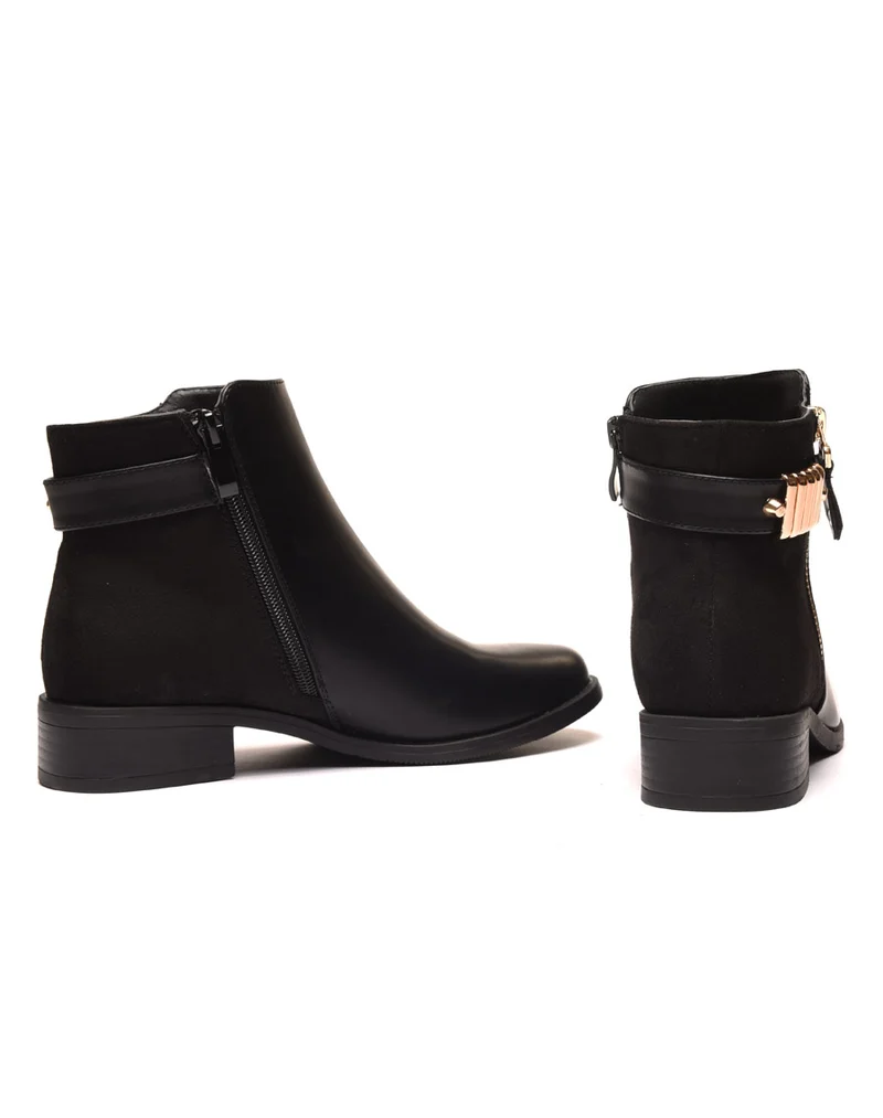 Bottines noires plates bi matières avec détails à l'arrière