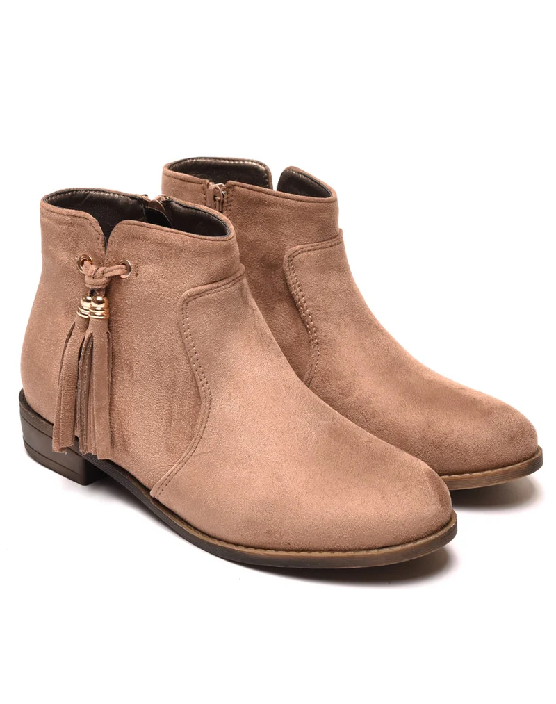 Bottines plates taupe avec pompons à franges