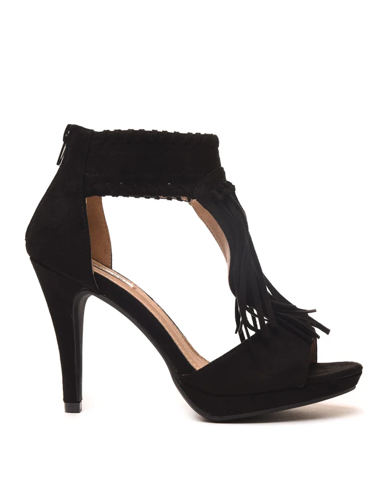 Escarpins noir ouverts à talons avec franges