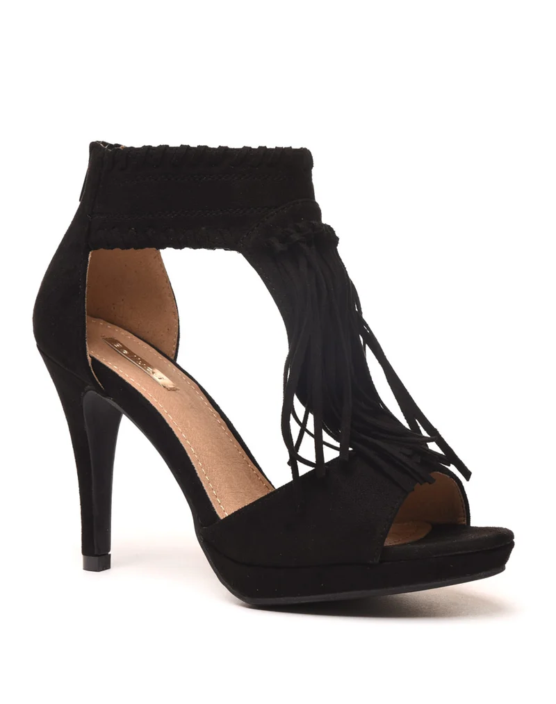 Escarpins noir ouverts à talons avec franges