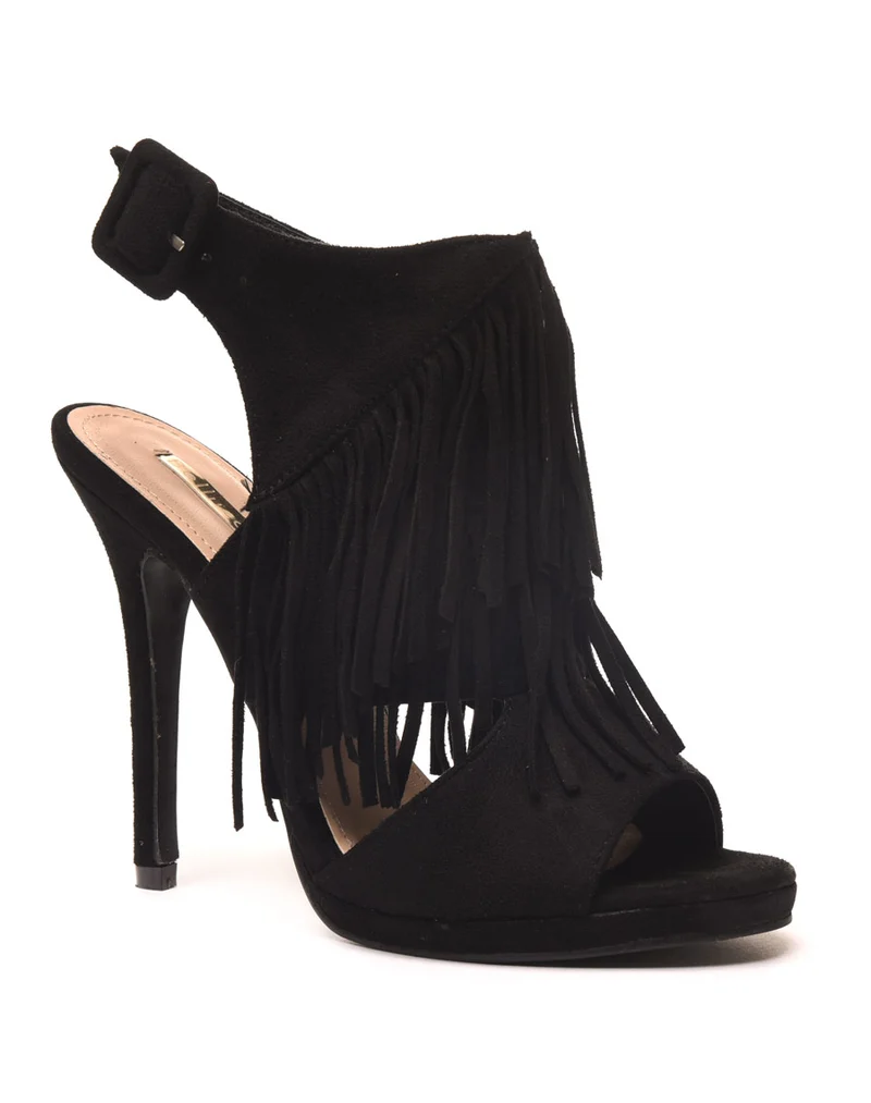 Sandales à talons noires effet suédine ouvertes avec franges