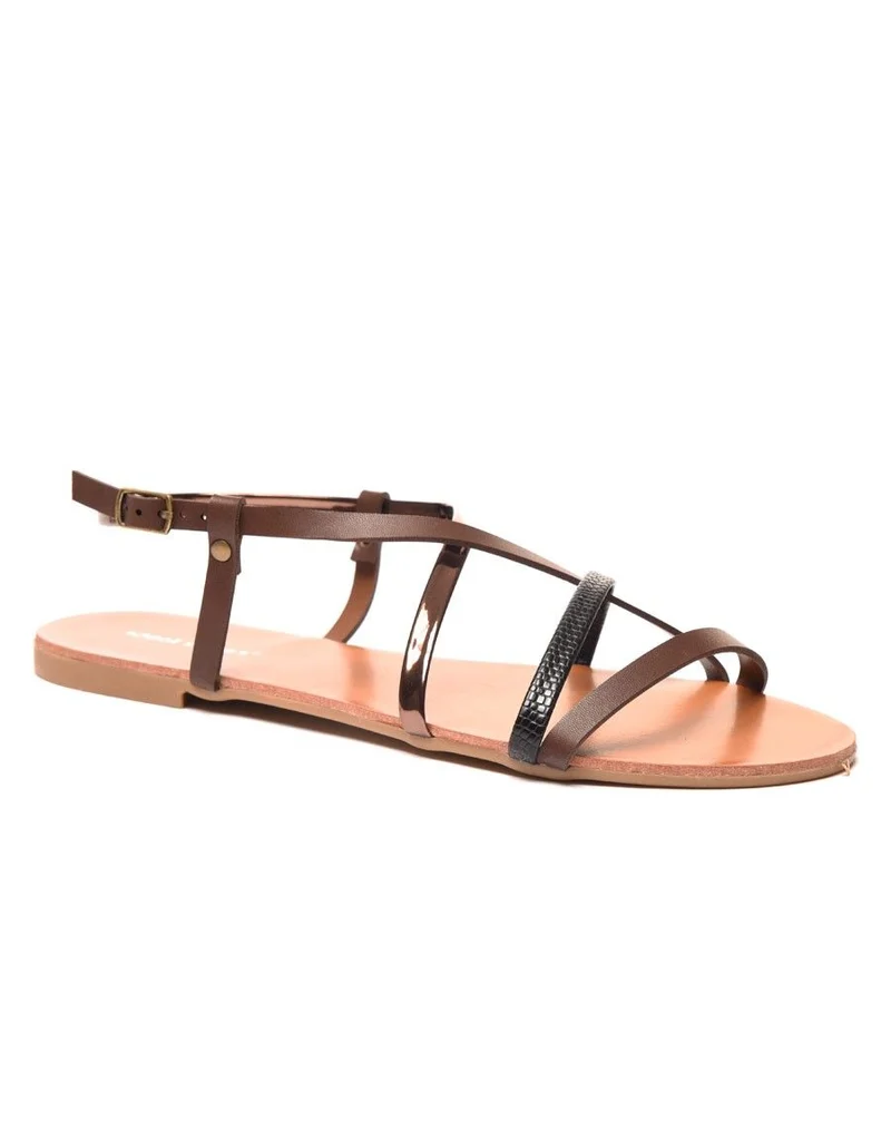 Sandale marron avec brides vernis et imprimé