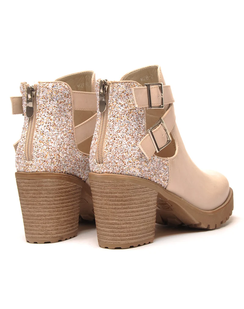 Bottines à talons beiges ajourées et pailletées