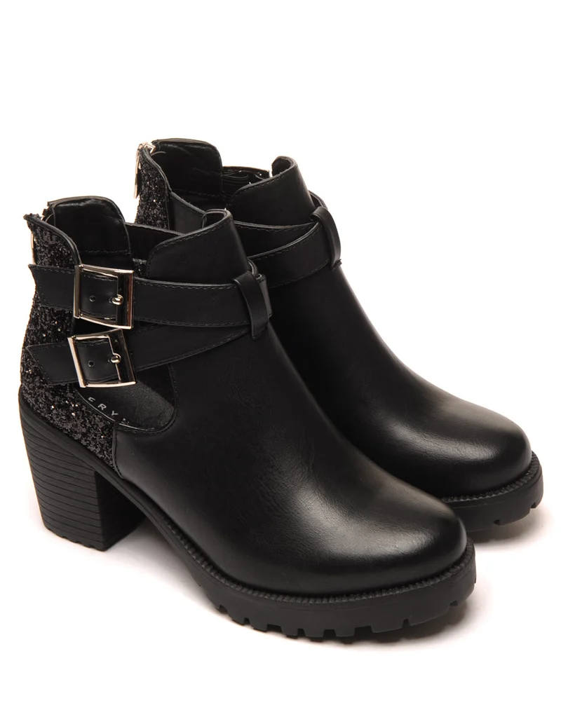 Bottines à talons noires ajourées et pailletées