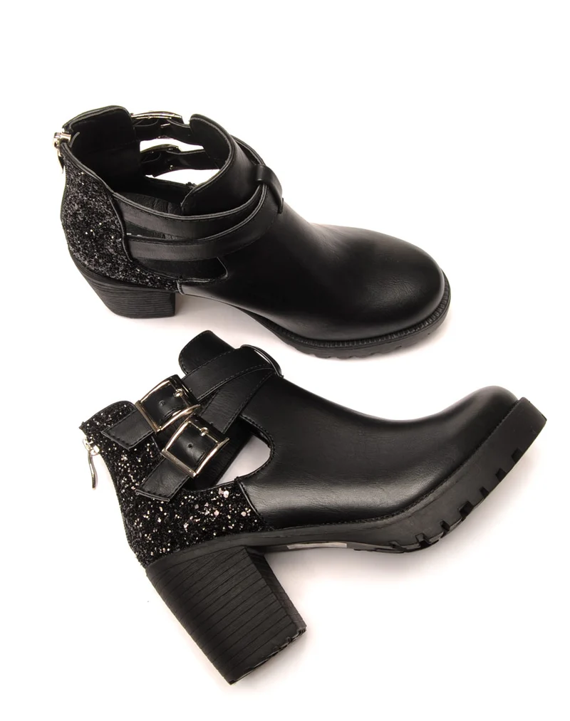 Bottines à talons noires ajourées et pailletées