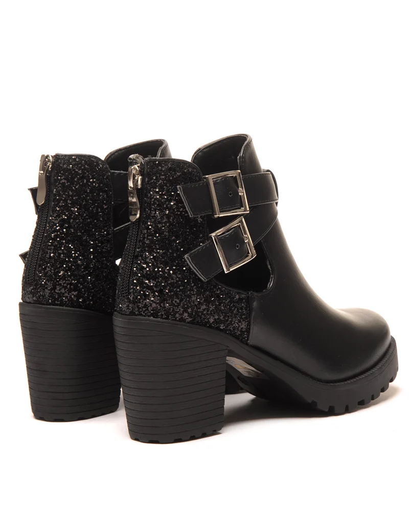 Bottines à talons noires ajourées et pailletées
