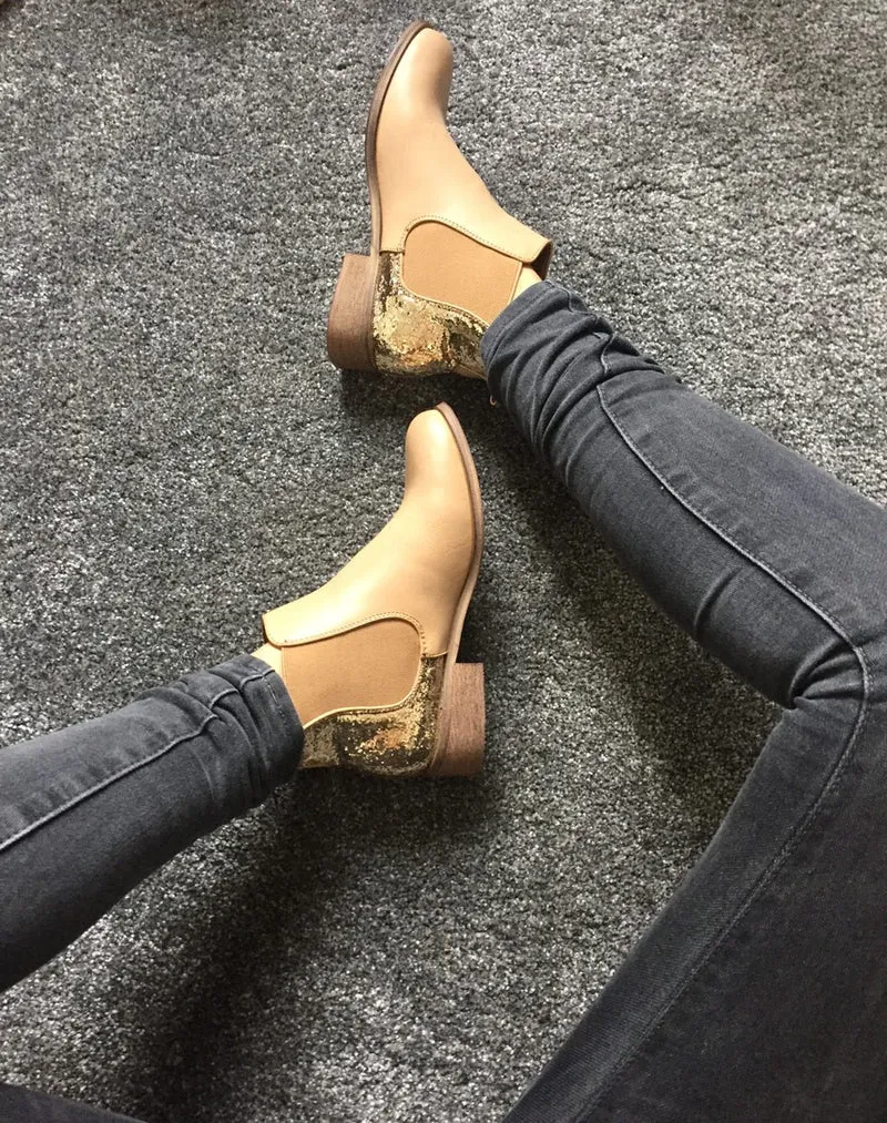 Chelsea boots camel pailletées court