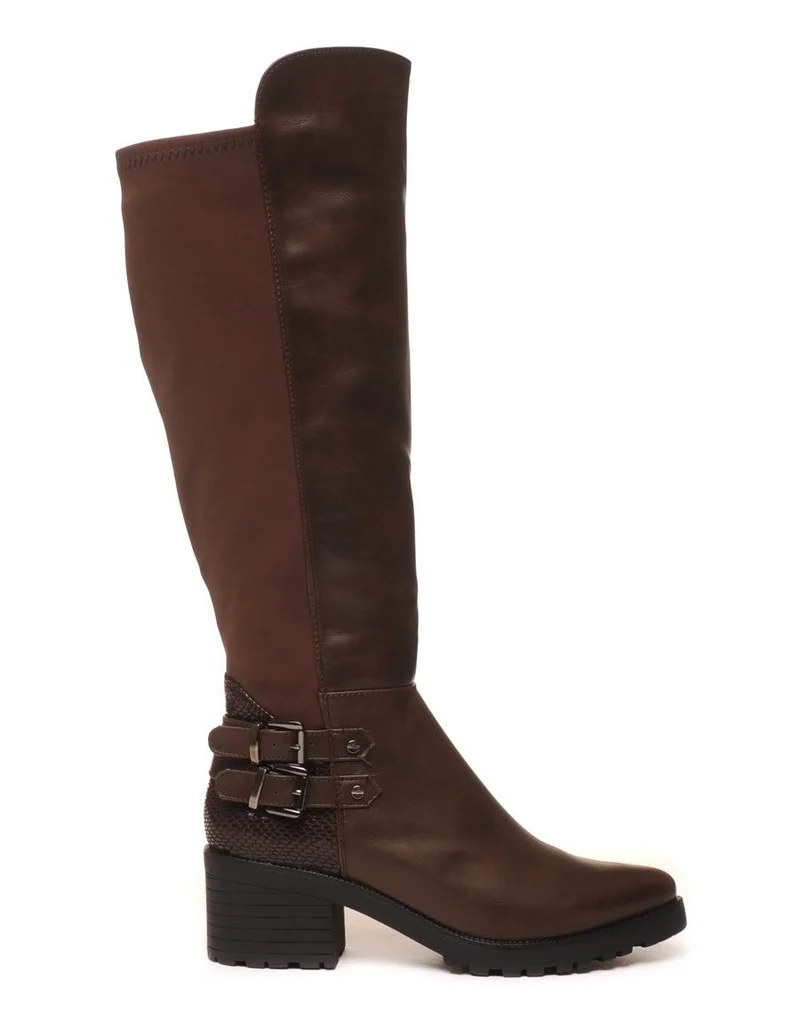 Bottes bi matière marron stretch effet python
