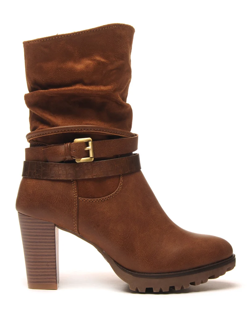 Bottines camel à talons bi-matière double bride