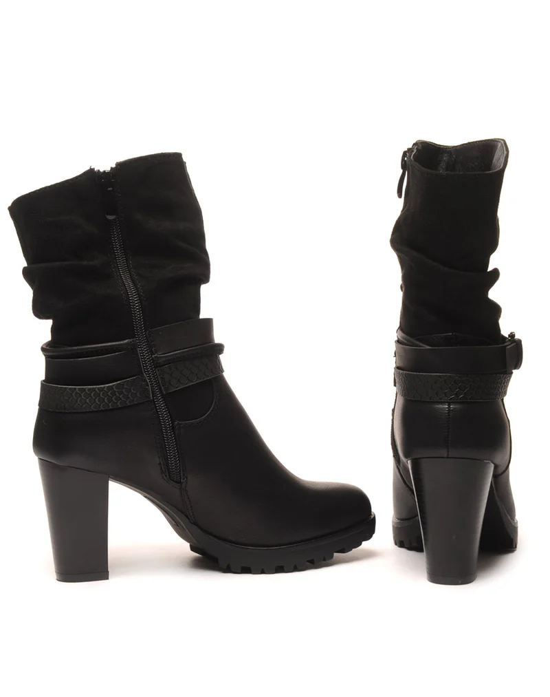Bottines noires à talons bi-matière double bride
