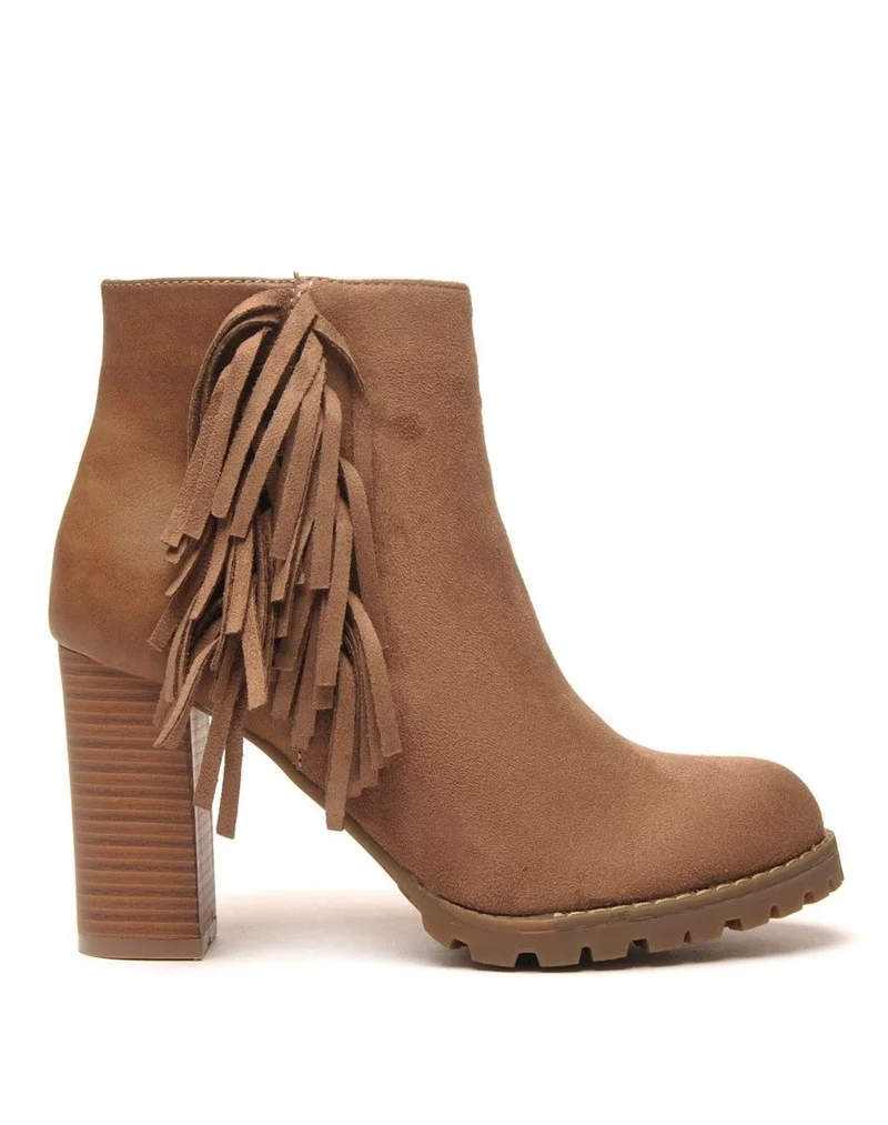 Bottines kaki à talons bi-matière avec franges latérales