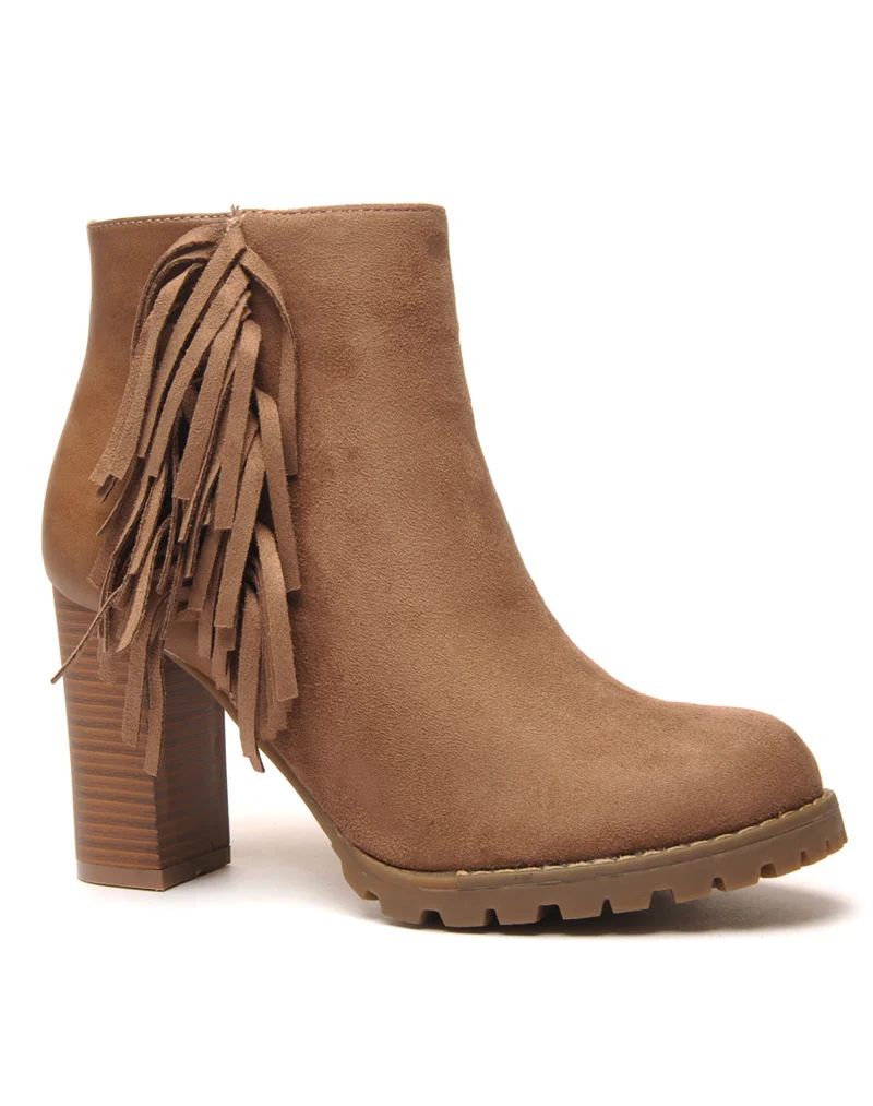 Bottines kaki à talons bi-matière avec franges latérales