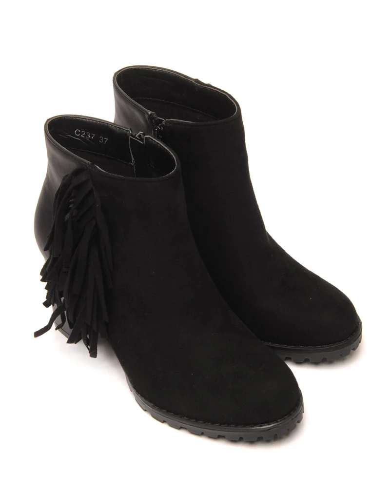Bottines noires à talons bi-matière avec franges latérales