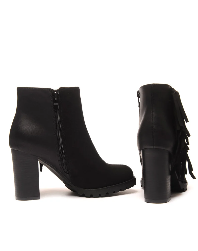 Bottines noires à talons bi-matière avec franges latérales