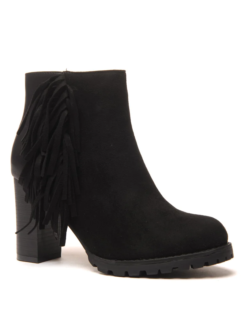 Bottines noires à talons bi-matière avec franges latérales