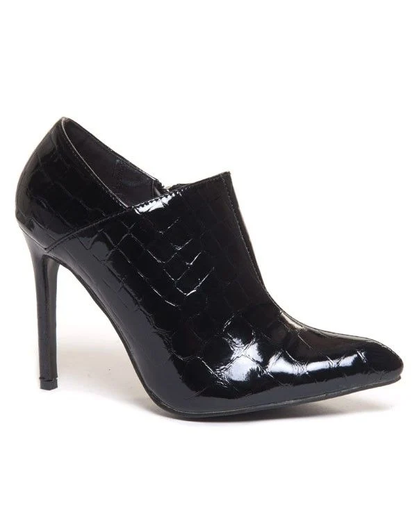 Bottine noire vernis à talon avec bout pointu et motif crocodile